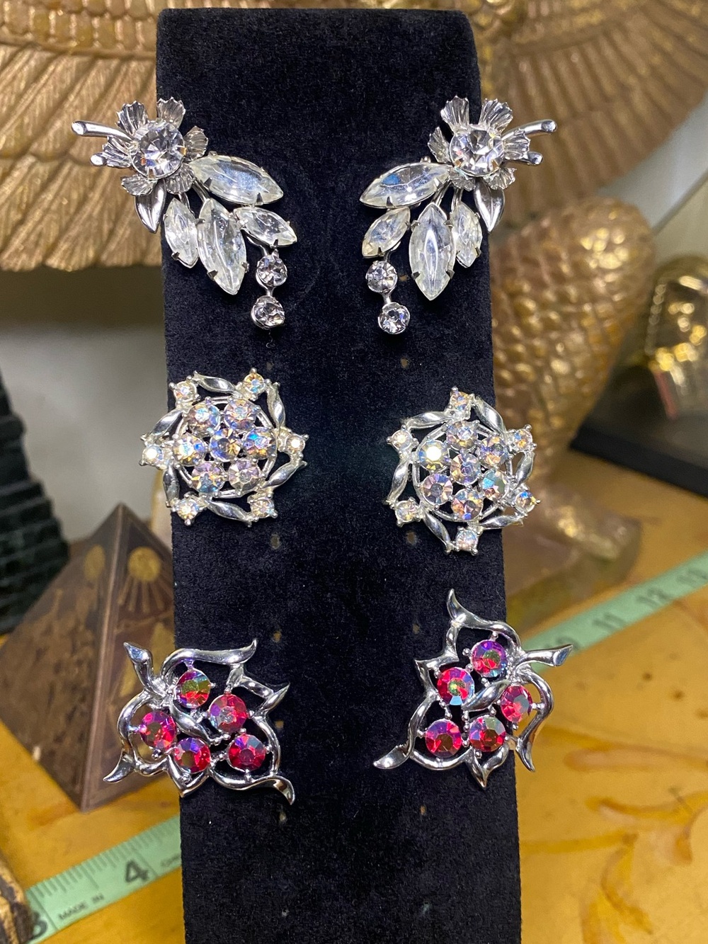 Vintage Crystal and Pink Rhinestone clip on Earring Trio Set